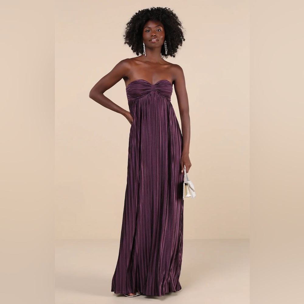 NWT Lulus Whimsical Beauty Dark Purple Satin Plisse Strapless Maxi Dress - large